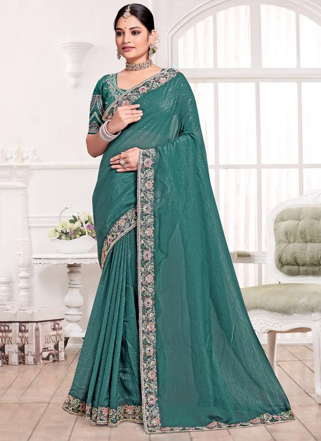 Currency Silk Sea Blue Wedding Wear Embroidery Work Saree